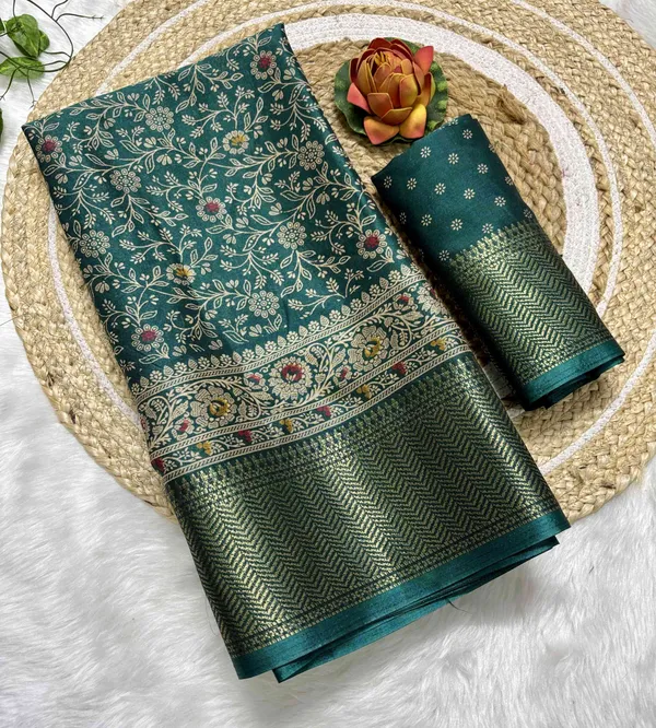 Blue_Floral_Print,_Woven_Kalamkari_Silk_Blend_Saree