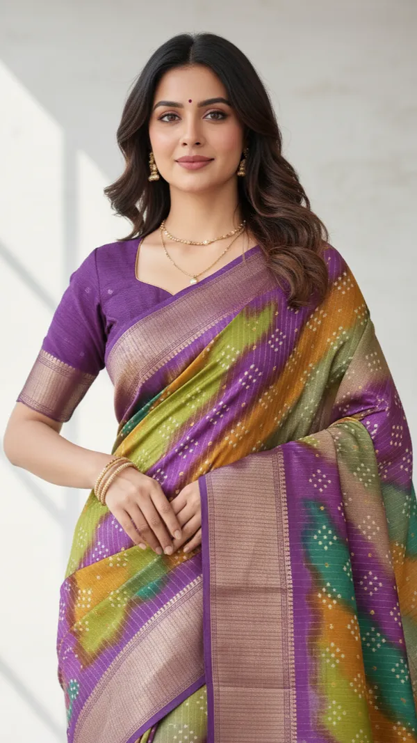 Purple_Woven,_Striped_Bandhani_Silk_Blend,_Art_Silk_Saree