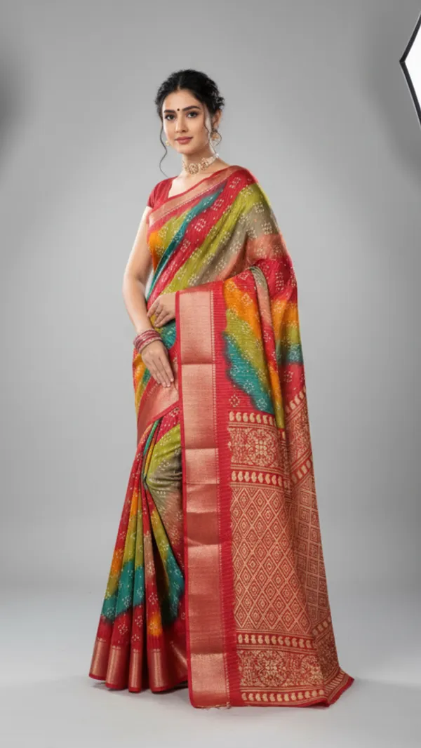 Red_Woven,_Striped_Bandhani_Silk_Blend,_Art_Silk_Saree