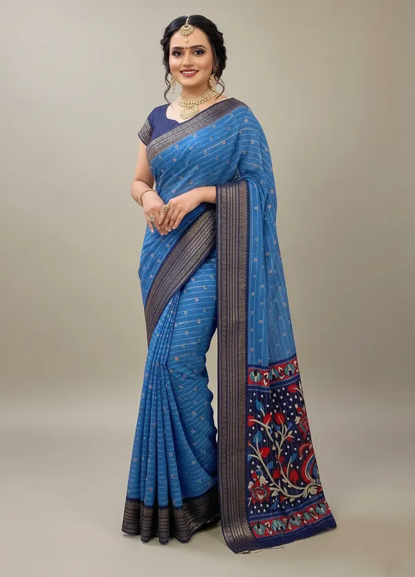Darkblue_Woven,_Printed_Bandhani_Jacquard,_Silk_Blend_Saree
