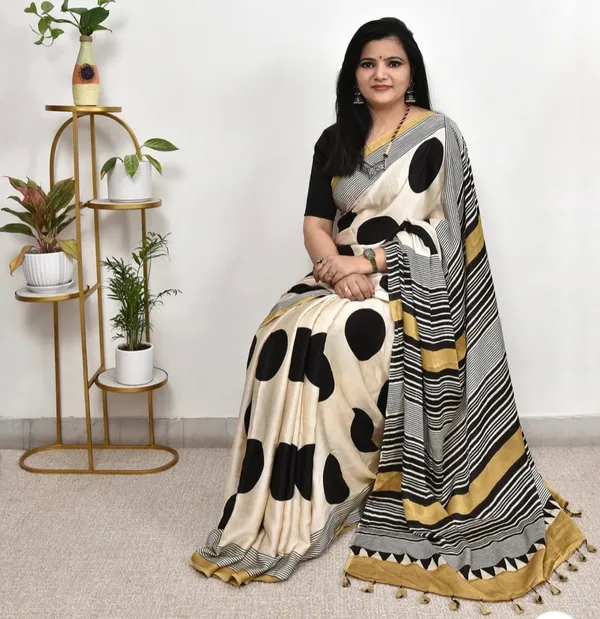 White_Polka_Print_Bollywood_Satin_Saree