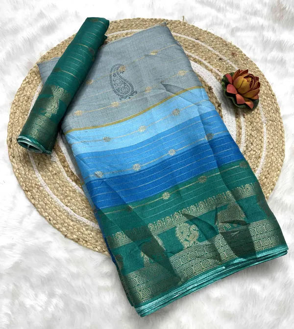 Blue_And_Teal_Printed_Ikkat_Jacquard,_Silk_Blend_Saree