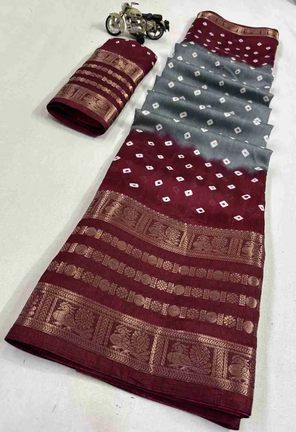 Teal_And_Maroon_Printed_Bandhani_Jacquard,_Silk_Blend_Saree