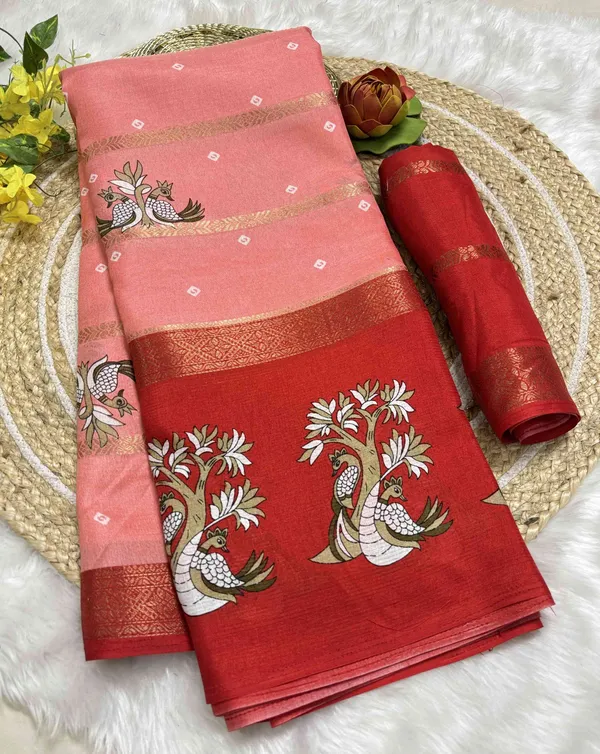 Peach_And_Red_Printed_Mysore_Silk_Blend,_Jacquard_Saree