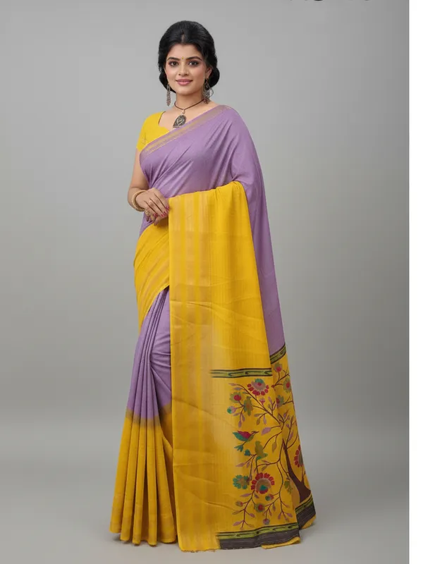 Yellow_And_Lavender_Woven,_Checkered_Mysore_Silk_Blend,_Jacquard_Saree