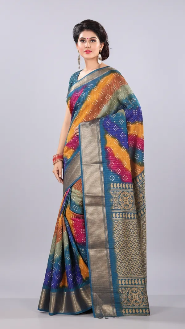 Blue_Woven,_Striped_Bandhani_Silk_Blend,_Art_Silk_Saree