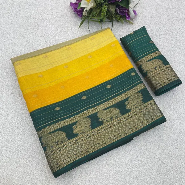 Yellow_And_Green_Printed_Ikkat_Jacquard,_Silk_Blend_Saree