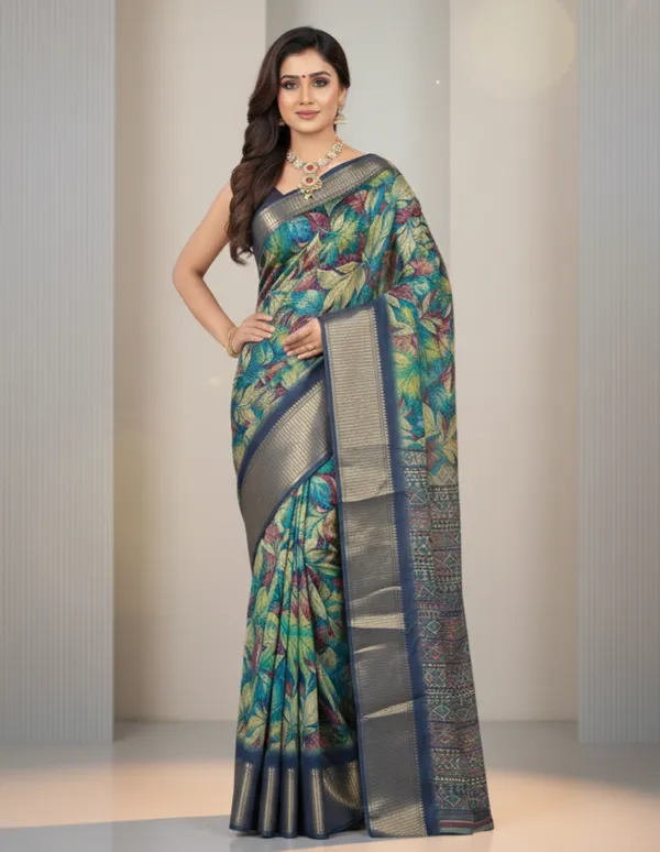 Blue_Floral_Print_Bollywood_Art_Silk,_Silk_Blend_Saree