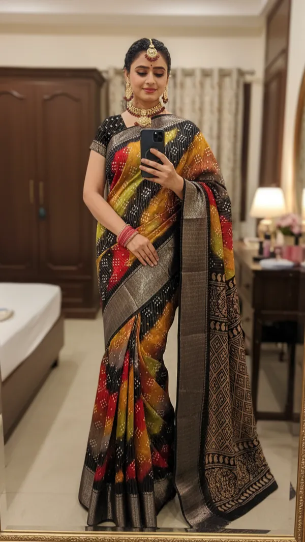 Black_Woven,_Striped_Bandhani_Silk_Blend,_Art_Silk_Saree