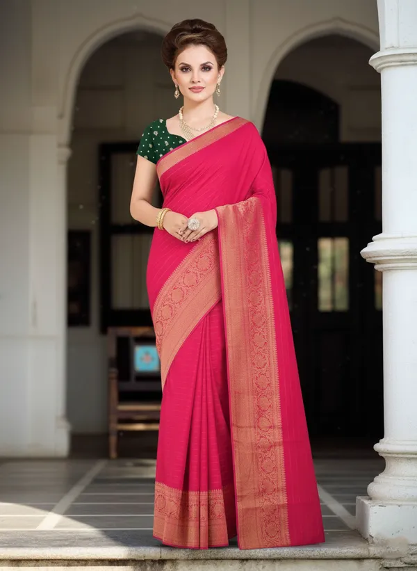 Pink_Woven,_Self_Design_Mysore_Jacquard,_Silk_Blend_Saree