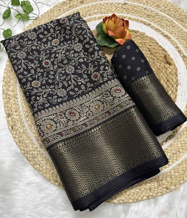 Black_Floral_Print,_Woven_Kalamkari_Silk_Blend_Saree