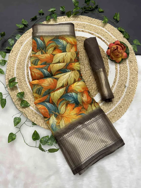 Mustard_Floral_Print_Bollywood_Art_Silk,_Silk_Blend_Saree