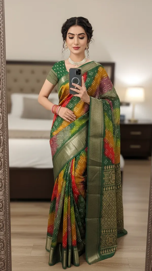 Green_Woven,_Striped_Bandhani_Silk_Blend,_Art_Silk_Saree