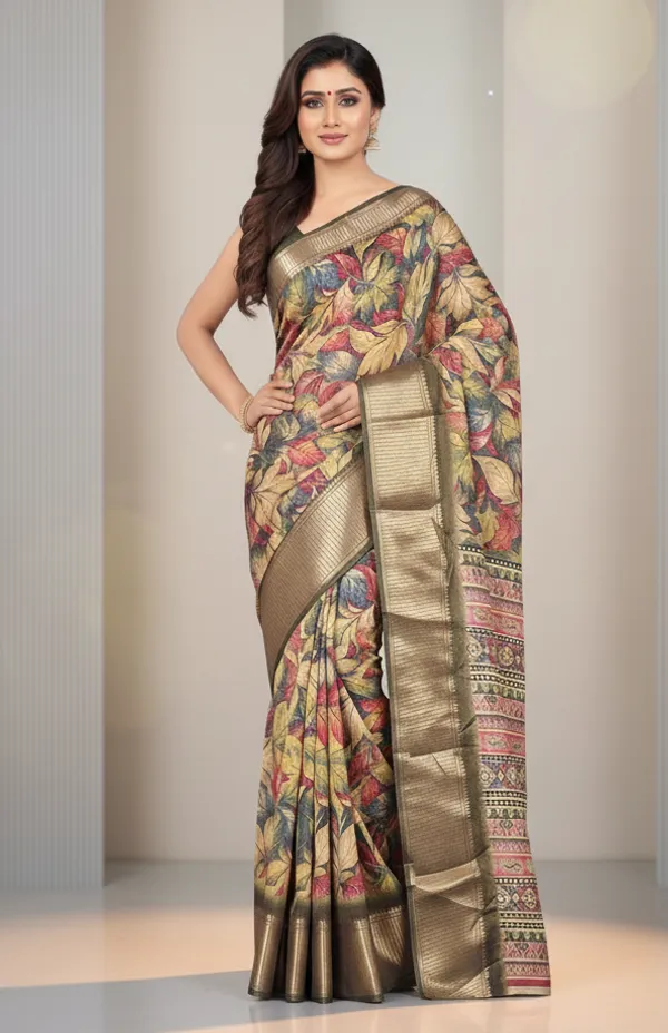 Olive_Floral_Print_Bollywood_Art_Silk,_Silk_Blend_Saree