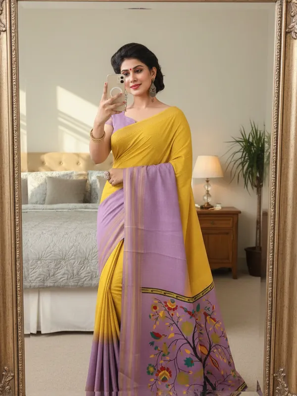 Lavender_And_Yellow_Woven,_Checkered_Mysore_Silk_Blend,_Jacquard_Saree