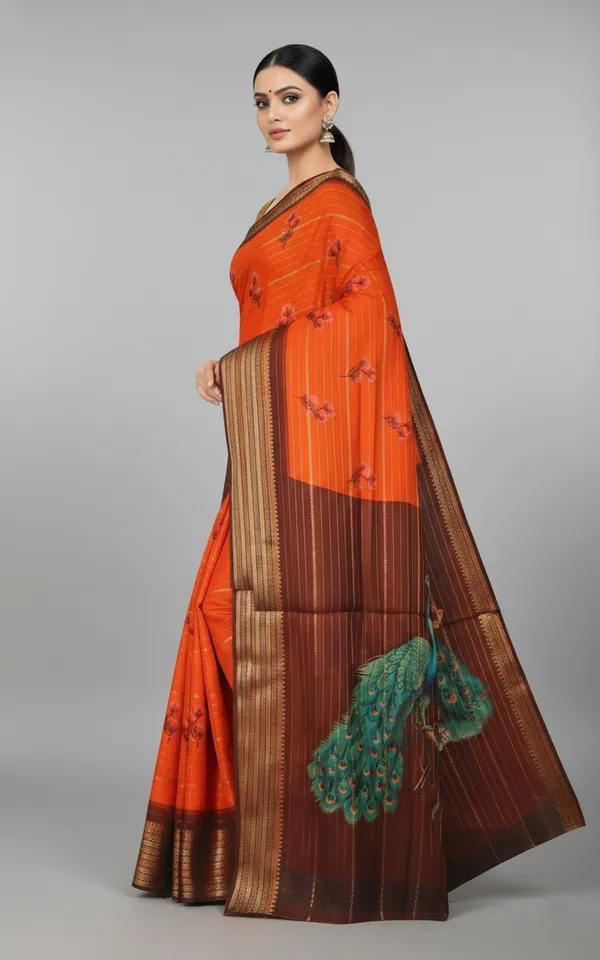 Orange_And_Brown_Woven_Mysore_Silk_Blend_Saree