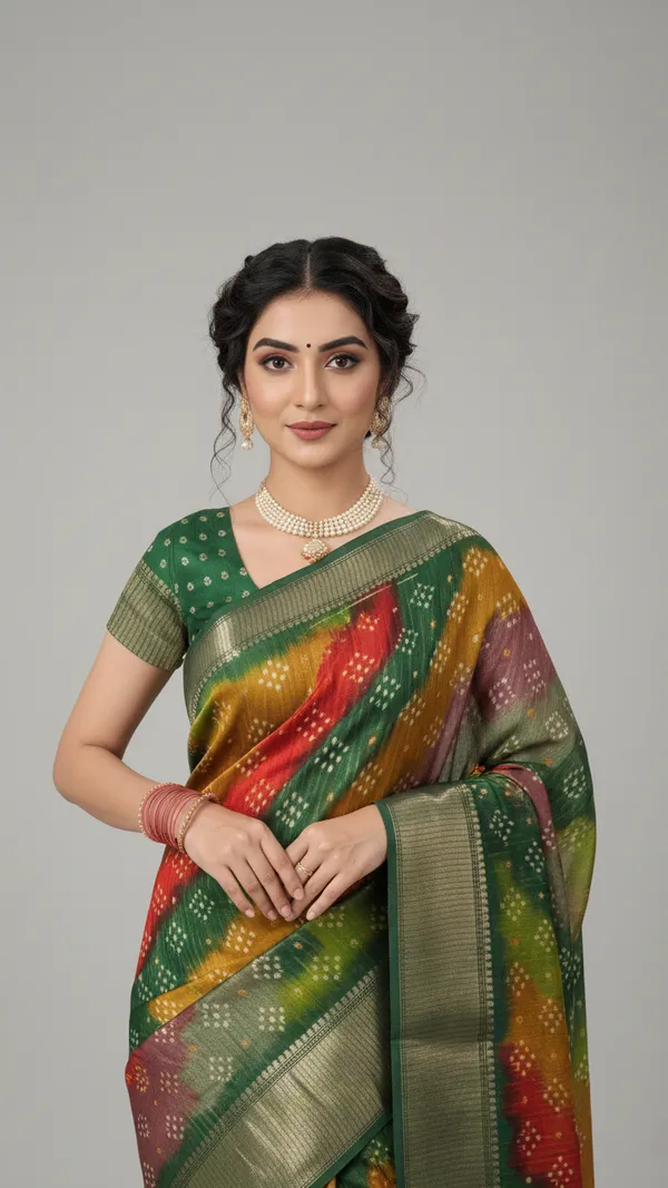 Green_Woven,_Striped_Bandhani_Silk_Blend,_Art_Silk_Saree
