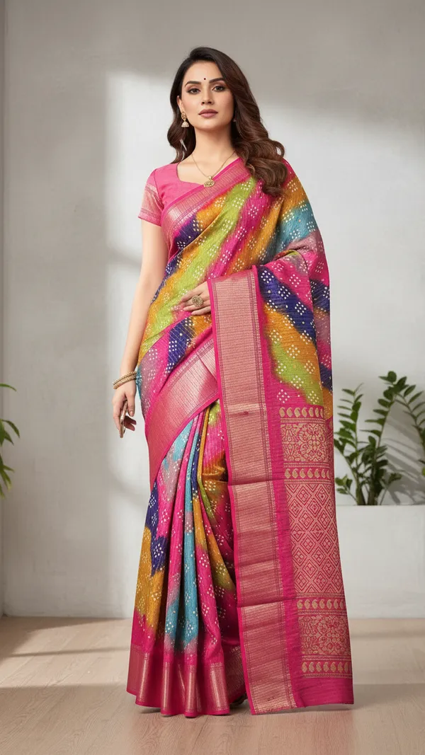 Pink_Woven,_Striped_Bandhani_Silk_Blend,_Art_Silk_Saree