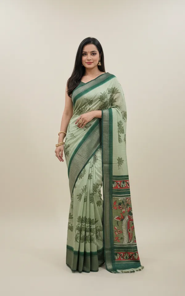Green_Woven,_Printed_Daily_Wear_Silk_Blend,_Art_Silk_Saree