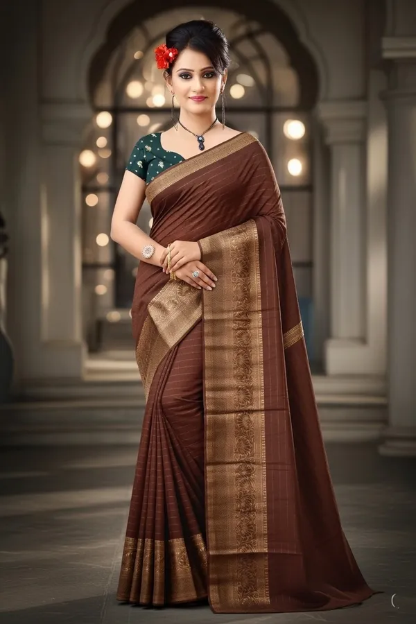 Brown_Woven,_Self_Design_Mysore_Jacquard,_Silk_Blend_Saree