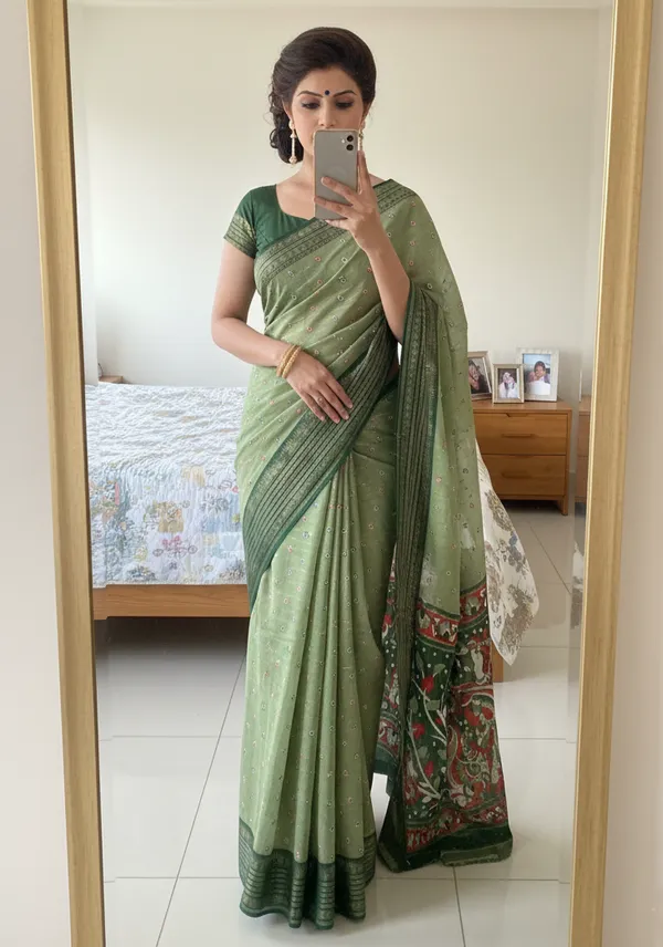 Green_Woven,_Printed_Bandhani_Jacquard,_Silk_Blend_Saree