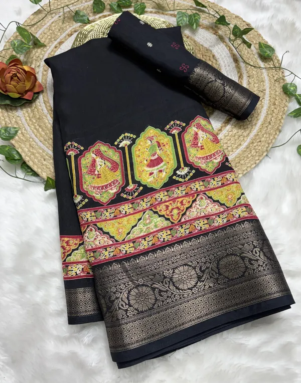 Black_Woven,_Printed_Kalamkari_Jacquard,_Silk_Blend_Saree