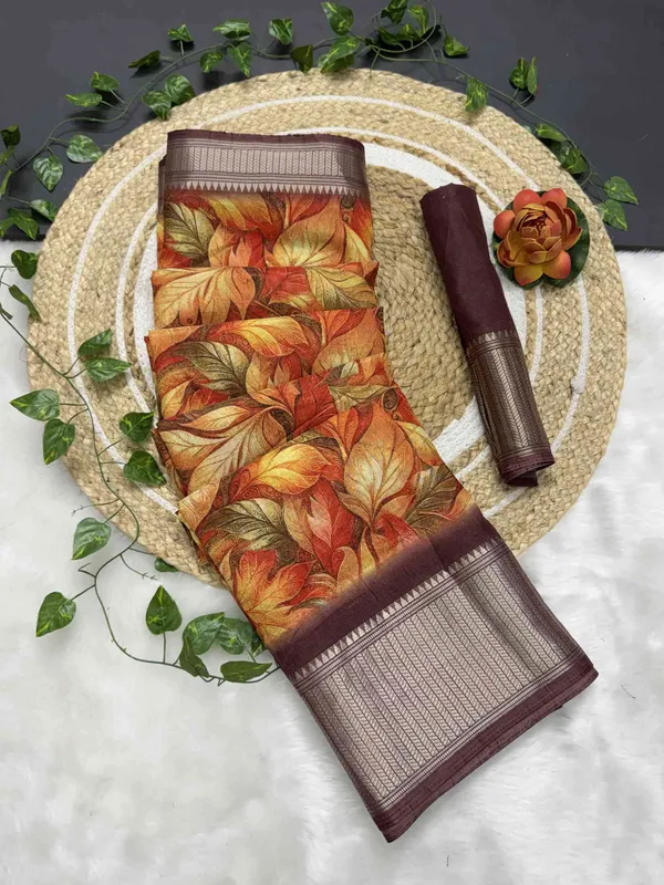 Orange_Floral_Print_Bollywood_Art_Silk,_Silk_Blend_Saree