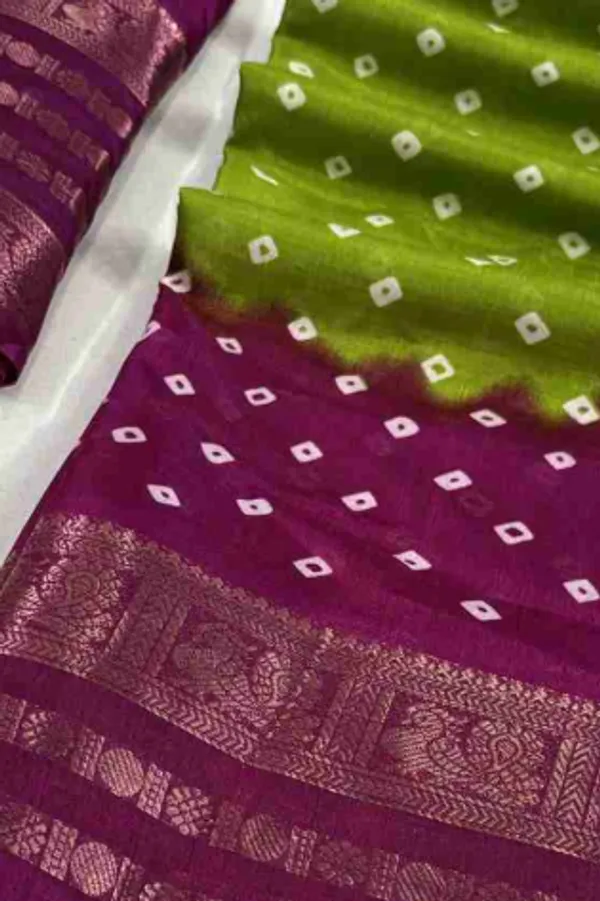 Light_Green_And_Pink_Printed_Bandhani_Jacquard,_Silk_Blend_Saree