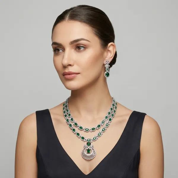 Elegant_Silver-Toned_American_Diamond_Necklace_Set_With_Emerald_Green_Accents