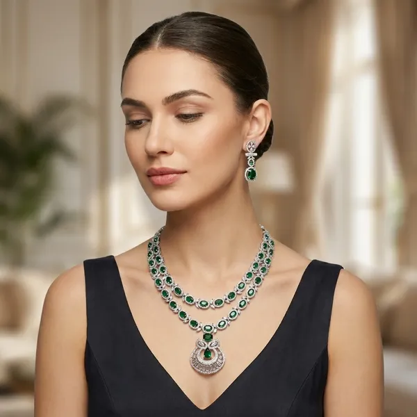 Elegant_Silver-Toned_American_Diamond_Necklace_Set_With_Emerald_Green_Accents