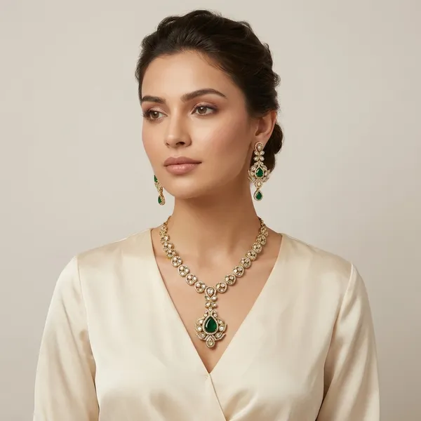 Traditional_Kundan_Style_Necklace_Set_With_Green_Stone_Pendant_And_Matching_Earrings