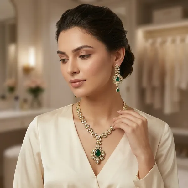 Traditional_Kundan_Style_Necklace_Set_With_Green_Stone_Pendant_And_Matching_Earrings