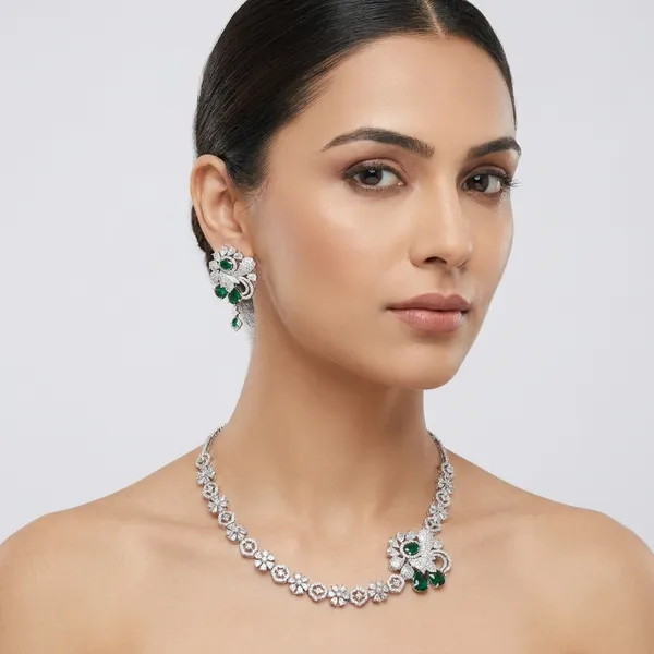 Elegant_Silver-Toned_American_Diamond_Necklace_Set_With_Floral_Design