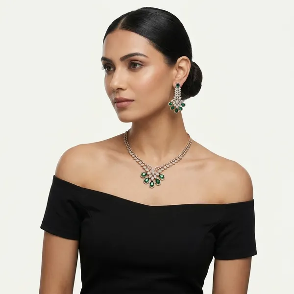 American_Diamond_Emerald_Green_Peacock_Necklace_Set