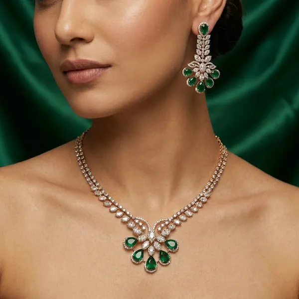 American_Diamond_Emerald_Green_Peacock_Necklace_Set
