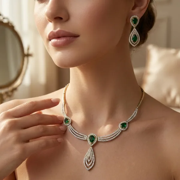American_Diamond_Necklace_Set_With_Green_Stone_Pendant