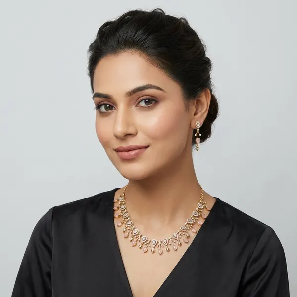 Antique_Gold_&_Pink_Stone_Necklace_Set_With_Matching_Earrings