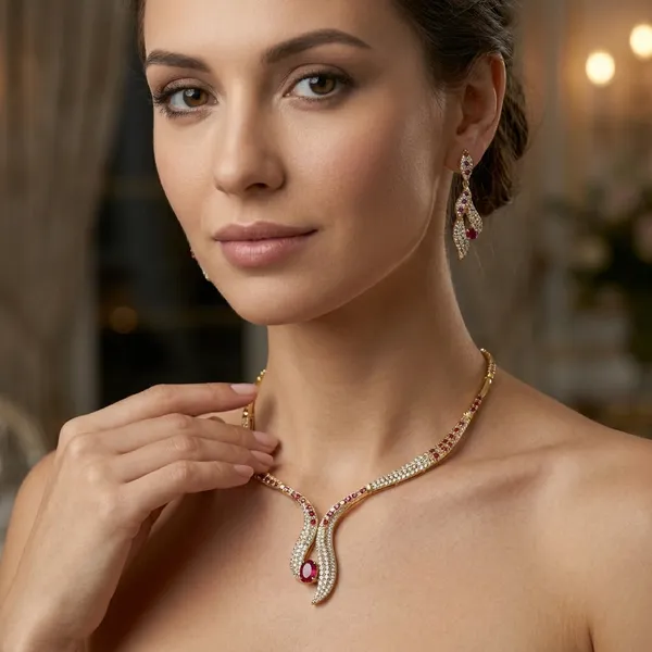 Elegant_American_Diamond_Snake_Necklace_Set_Gold_Toned_With_Earrings