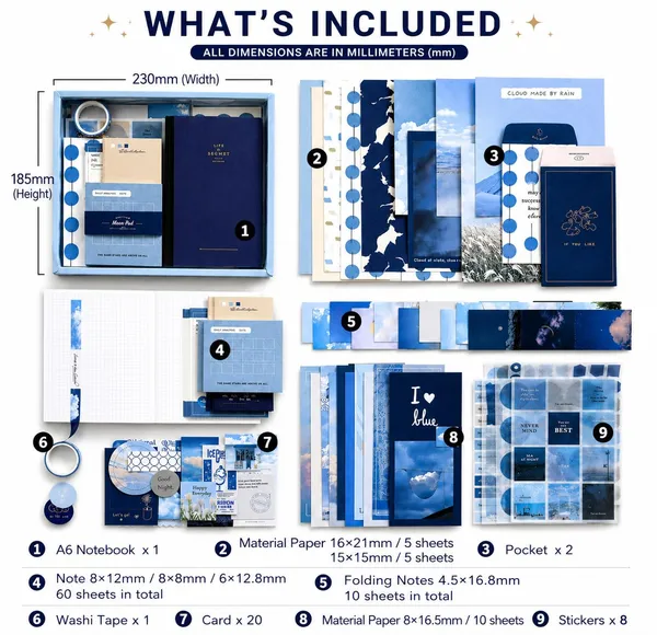 RANDEN_Blue_Journaling_Kit,_346PCS_Vintage_Scrapbook_&_Stationery_Set_with_Aesthetic_Stickers,_Ephemera_Pack_and_Journal_Supplies_for_Bullet_Journals,_Planners,_Albums_&_Creative_Crafts_(WARM_BLUE)