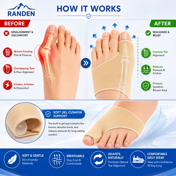 RANDEN_Bunion_Corrector_with_Gel_Pad,_Toe_Separator_and_Relief_Cushion,_Beige,_Silicone_Toe_Brace,_Fits_with_Shoes_and_Socks,_Unisex_(Medium_(UK4-UK7))
