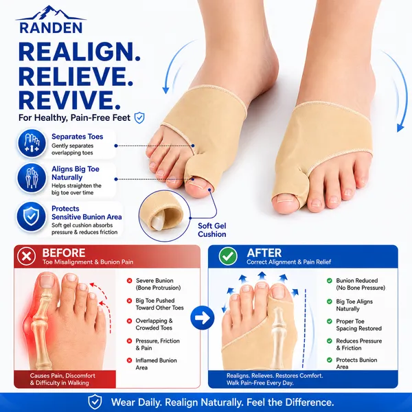 RANDEN_Bunion_Corrector_with_Gel_Pad,_Toe_Separator_and_Relief_Cushion,_Beige,_Silicone_Toe_Brace,_Fits_with_Shoes_and_Socks,_Unisex_(Medium_(UK4-UK7))