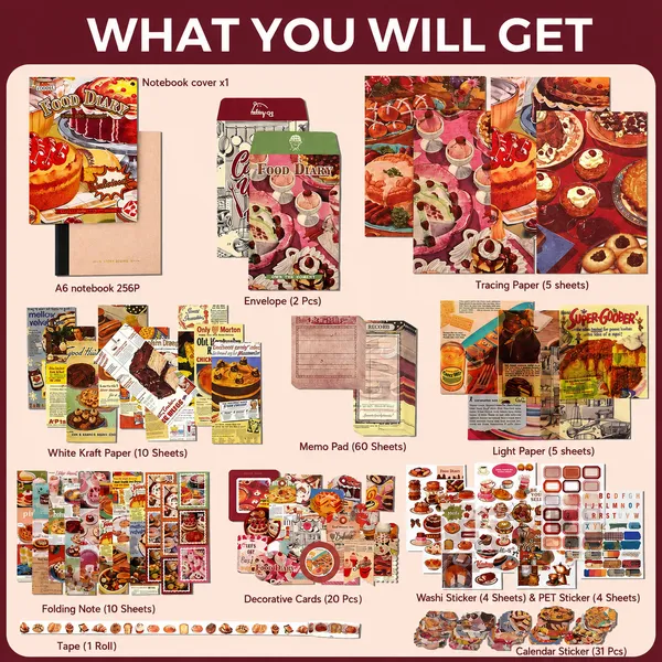 RANDEN_Kitcake_Journaling_Kit,_346PCS_Vintage_Scrapbook_&_Stationery_Set_with_Aesthetic_Stickers,_Ephemera_Pack_and_Journal_Supplies_for_Bullet_Journals,_Planners,_Albums_&_Creative_Crafts_(Food_Diary)