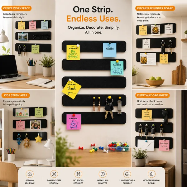 RANDEN_Self_Adhesive_Felt_Bulletin_Bar_Strip,_Multicolor_Board_Strips_with_35_Push_Pins,_Lightweight_Notice_Board_for_Notes,_Photos_and_Schedules_(BLACK)