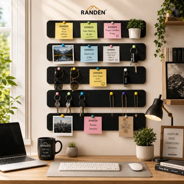 RANDEN_Self_Adhesive_Felt_Bulletin_Bar_Strip,_Multicolor_Board_Strips_with_35_Push_Pins,_Lightweight_Notice_Board_for_Notes,_Photos_and_Schedules_(BLACK)