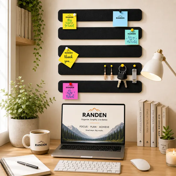 RANDEN_Self_Adhesive_Felt_Bulletin_Bar_Strip,_Multicolor_Board_Strips_with_35_Push_Pins,_Lightweight_Notice_Board_for_Notes,_Photos_and_Schedules_(BLACK)