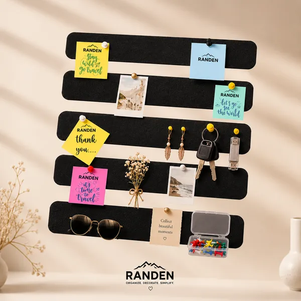 RANDEN_Self_Adhesive_Felt_Bulletin_Bar_Strip,_Multicolor_Board_Strips_with_35_Push_Pins,_Lightweight_Notice_Board_for_Notes,_Photos_and_Schedules_(BLACK)
