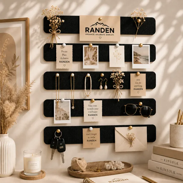 RANDEN_Self_Adhesive_Felt_Bulletin_Bar_Strip,_Multicolor_Board_Strips_with_35_Push_Pins,_Lightweight_Notice_Board_for_Notes,_Photos_and_Schedules_(BLACK)
