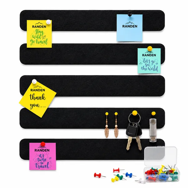 RANDEN_Self_Adhesive_Felt_Bulletin_Bar_Strip,_Multicolor_Board_Strips_with_35_Push_Pins,_Lightweight_Notice_Board_for_Notes,_Photos_and_Schedules_(BLACK)