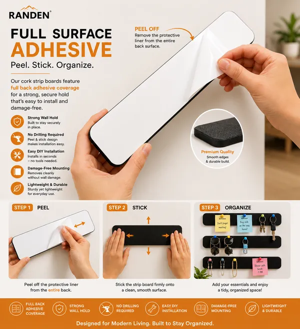 RANDEN_Self_Adhesive_Felt_Bulletin_Bar_Strip,_Multicolor_Board_Strips_with_35_Push_Pins,_Lightweight_Notice_Board_for_Notes,_Photos_and_Schedules_(BLACK)