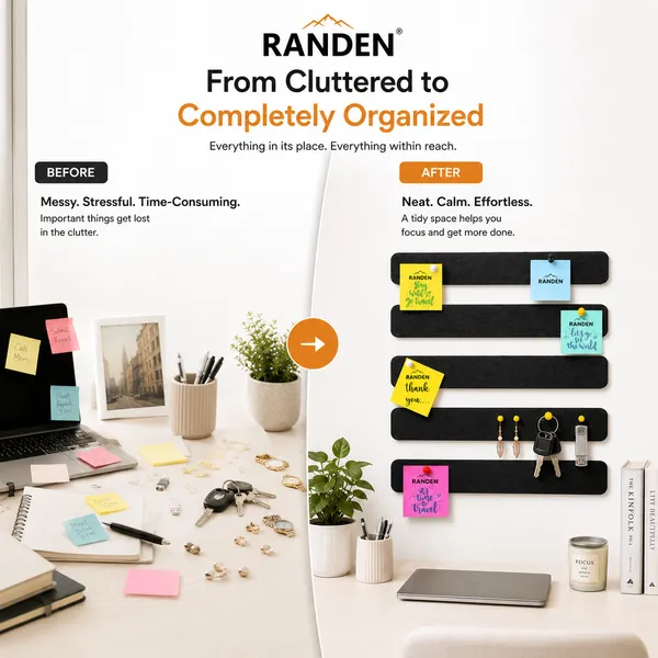RANDEN_Self_Adhesive_Felt_Bulletin_Bar_Strip,_Multicolor_Board_Strips_with_35_Push_Pins,_Lightweight_Notice_Board_for_Notes,_Photos_and_Schedules_(BLACK)